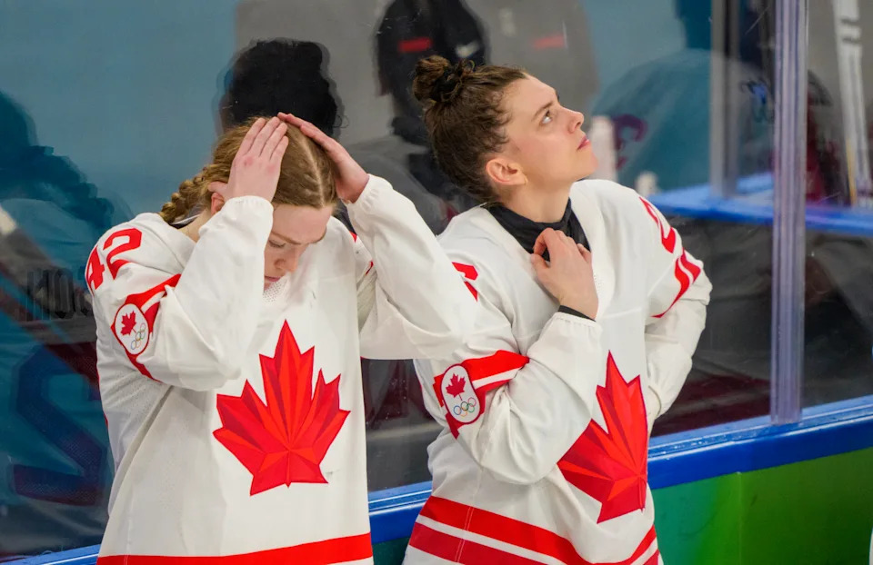MILAN, ITALY - FEBRUARY 19: Claire Thompson of Canada Emily Clark of Canada disappointed after the Women`s Ice Hockey Gold Medal Game between USA and Canada (2-1 OT) on day thirteen of the Milano Cortina 2026 Winter Olympic games at Milano Santagiulia Ice Hockey Arena on February 19, 2026 in Milan, Italy. (Photo by EyesWideOpen/Getty Images)