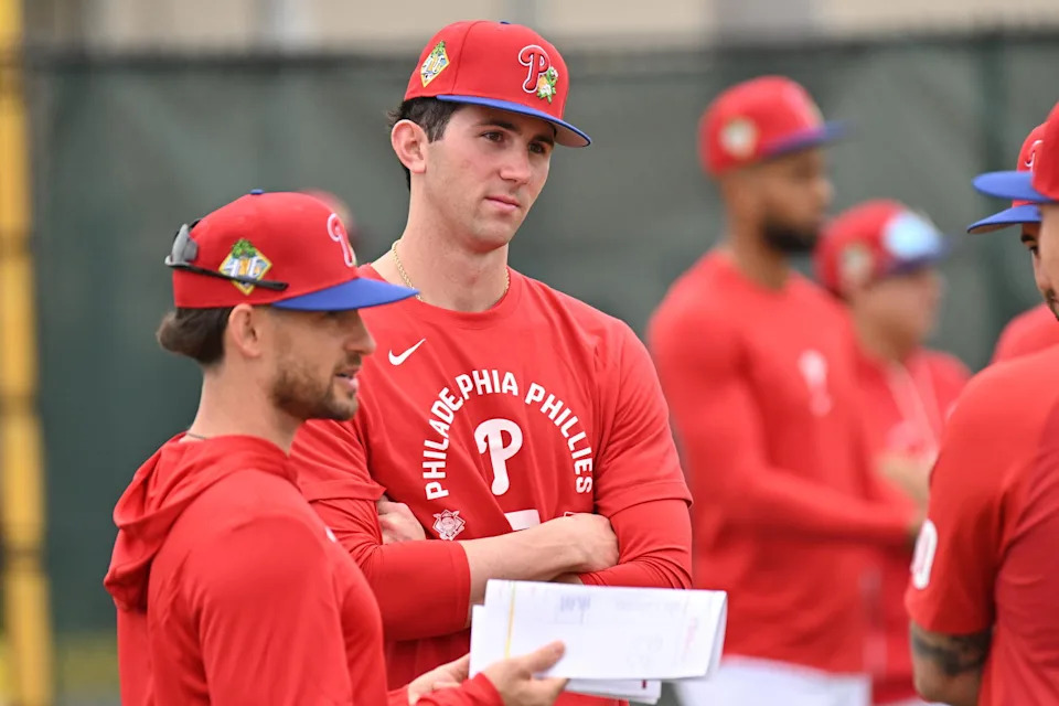 Feb 11, 2026; Clearwater, FL, USA; Philadelphia Phillies pitcher Andrew Painter (23) prepares to warm up during spring training at BareCare Ballpark. Mandatory Credit: Jonathan Dyer-Imagn Images
