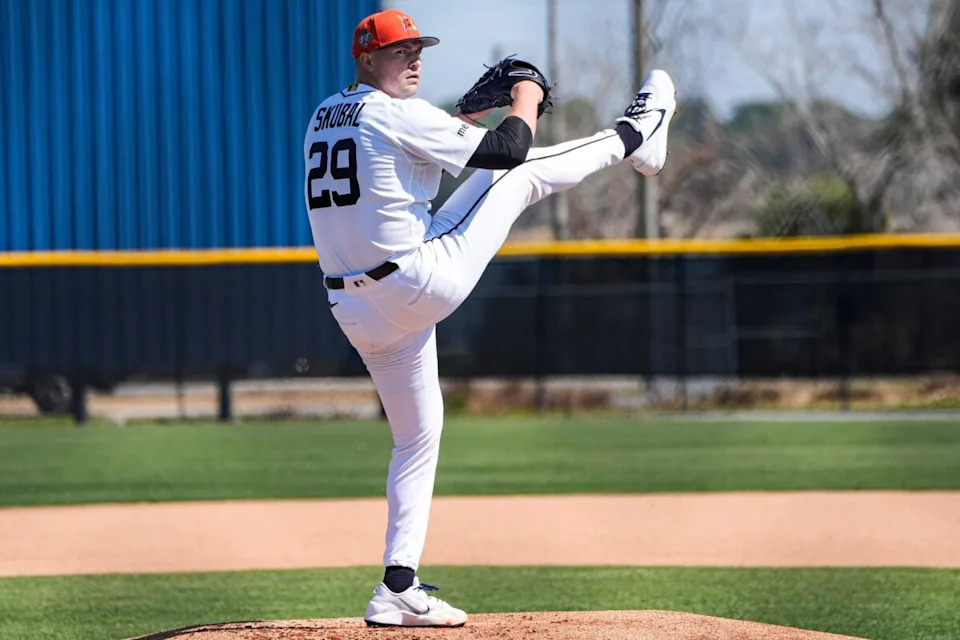 Detroit Tigers pitcher Tarik Skubal throws at live batting practice during spring training at TigerTown in Lakeland, Fla. on Friday, Feb. 13, 2026.