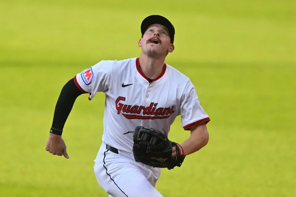 Aug 14, 2025; Cleveland, Ohio, USA; Cleveland Guardians first baseman Kyle Manzardo (9) looks for a foul ball in the second inning against the Miami Marlins at Progressive Field. Mandatory Credit: David Richard-Imagn Images