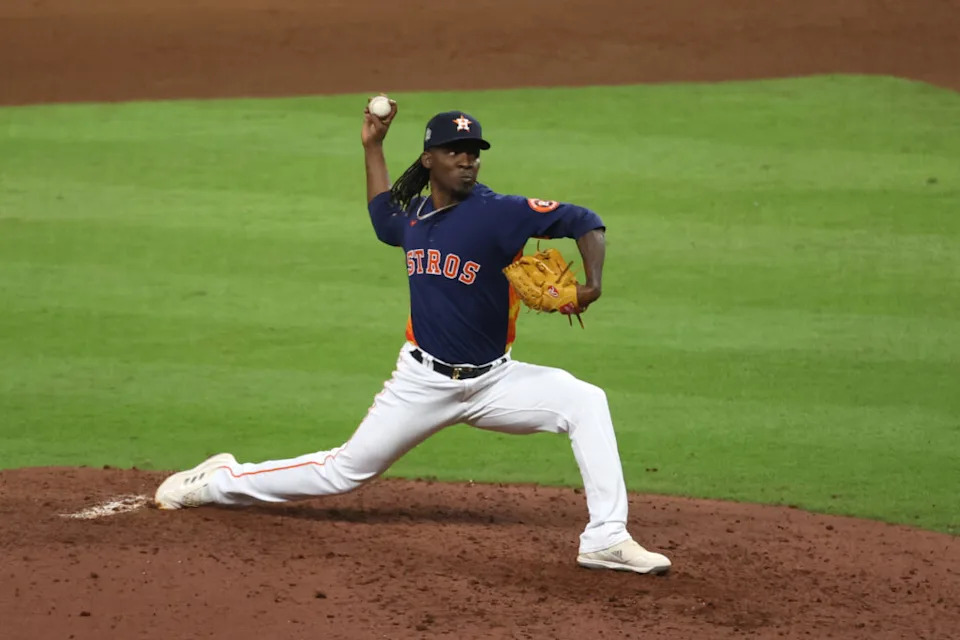 Oct 29, 2022; Houston, Texas, USA; Houston Astros relief pitcher Rafael Montero (47) throws a pitch against the Philadelphia Phillies during the seventh inning in game two of the 2022 World Series at Minute Maid Park. Mandatory Credit: Troy Taormina-USA TODAY Sports