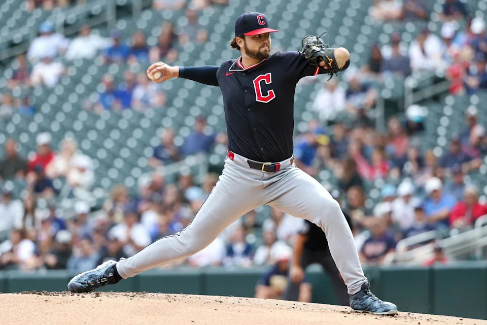 Sep 20, 2025; Minneapolis, Minnesota, USA; Cleveland Guardians starting pitcher Slade Cecconi (44) delivers a pitch against the Minnesota Twins during the first inning of game one of a double header at Target Field. Mandatory Credit: Matt Krohn-Imagn Images