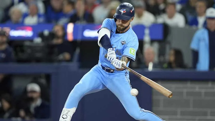 Nathan Lukes of Toronto Blue Jays hits ball with ba