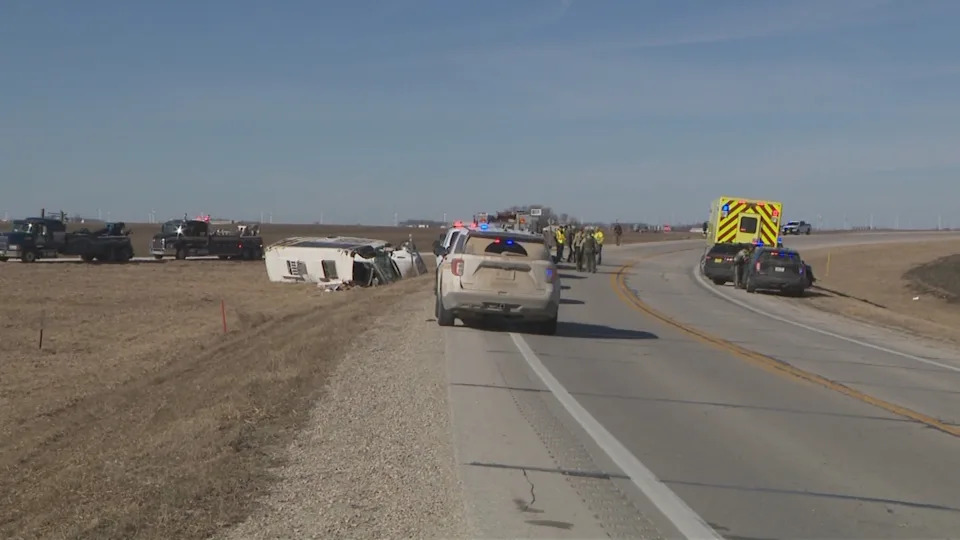 WOI - PHOTO: Authorities respond to a bus crash on Iowa Highway 4 in Calhoun County, Iowa, Feb. 11, 2026.