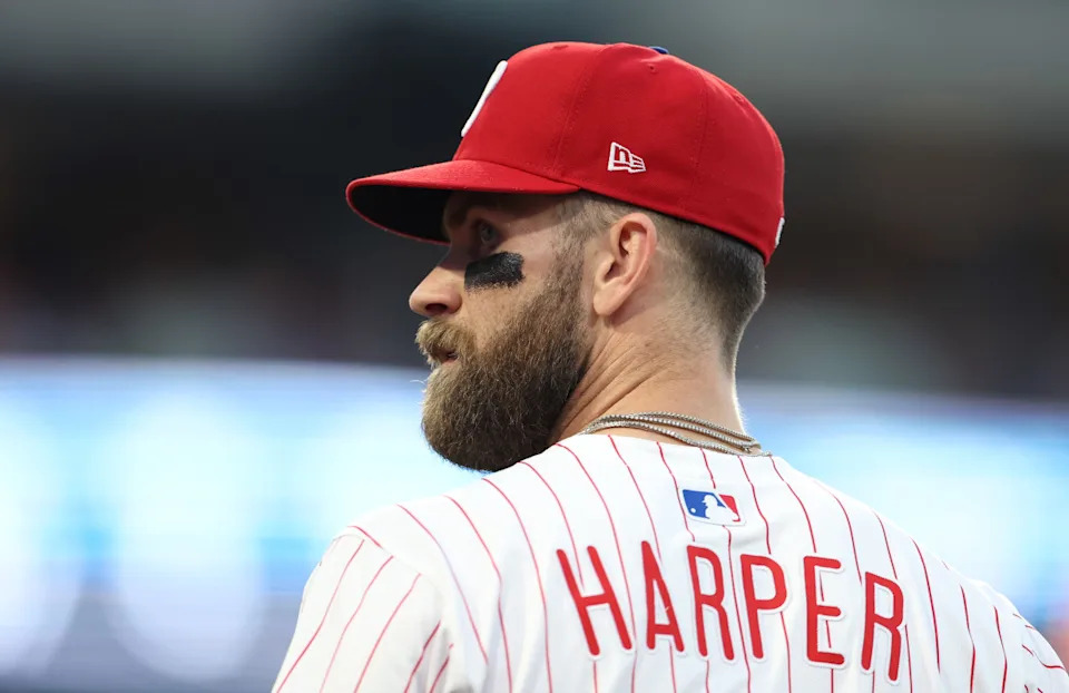PHILADELPHIA, PENNSYLVANIA - OCTOBER 06: Bryce Harper #3 of the Philadelphia Phillies looks on during the first inning in game two of the National League Division Series against the Los Angeles Dodgers at Citizens Bank Park on October 06, 2025 in Philadelphia, Pennsylvania. (Photo by Emilee Chinn/Getty Images)