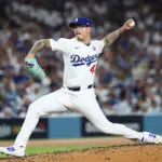 Los Angeles Dodgers pitcher Anthony Banda (43) pitches during the seventh inning against the Toronto Blue Jays during game five of the 2025 MLB World Series at Dodger Stadium.