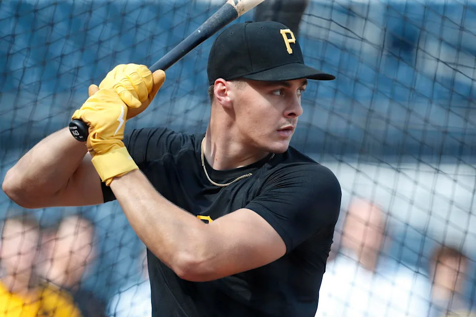 Aug 2, 2024; Pittsburgh, Pennsylvania, USA; Pittsburgh Pirates shortstop Konnor Griffin who was the ninth overall pick in first round of the 2024 First-Year Player Draft in the batting cage before a game against the Arizona Diamondbacks at PNC Park. Mandatory Credit: Charles LeClaire-Imagn Images