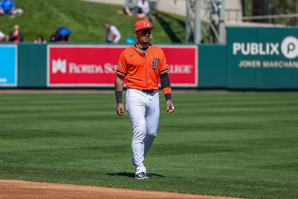Detroit Tigers shortstop Javier Baez (28) during warmup before a game against the Minnesota Twins at Joker Marchant Stadium in Lakeland, Florida, on Monday, Feb. 23, 2026.