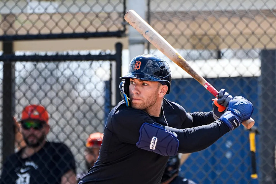 Detroit Tigers outfielder Trei Cruz bats at live batting practice during spring training at TigerTown in Lakeland, Fla. on Sunday, Feb. 15, 2026.