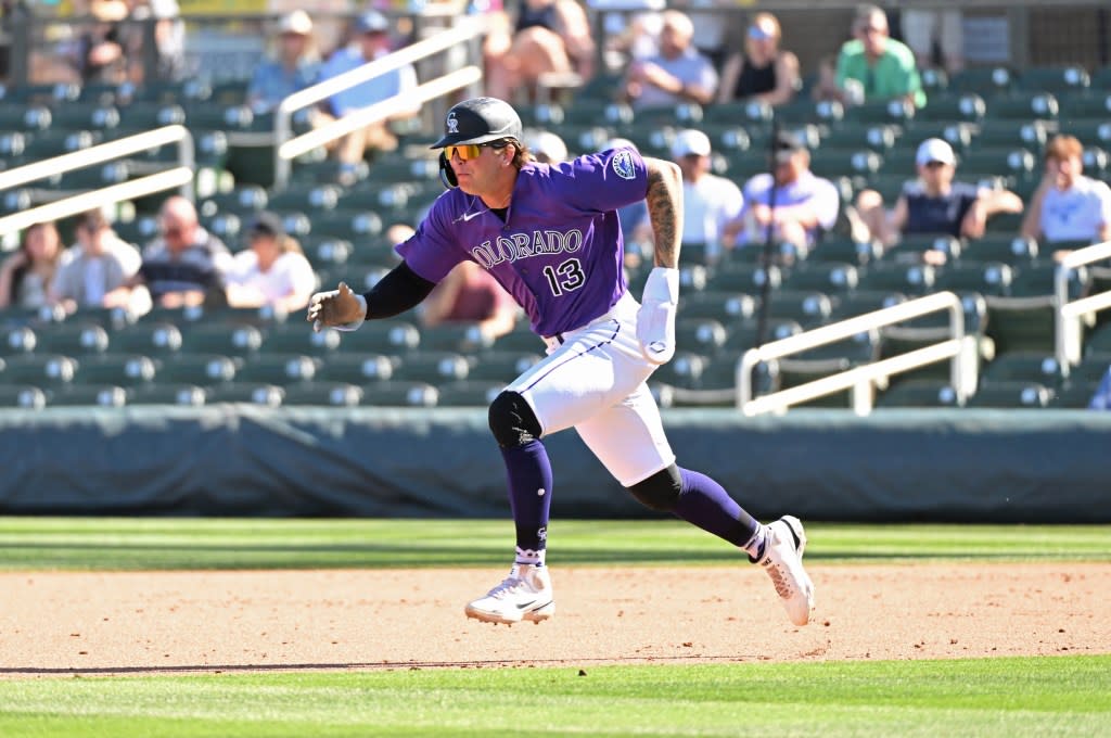 Zac Veen is pictured during the Rockies’ Feb. 27 game in spring training. Getty Images