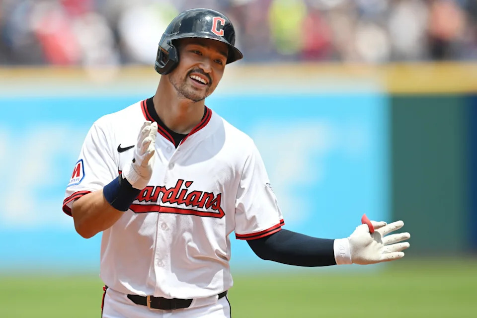 Cleveland Guardians left fielder Steven Kwan (38) rounds the bases after hitting a home run during the third inning against the Baltimore Orioles at Progressive Field. Ken Blaze-Imagn Images