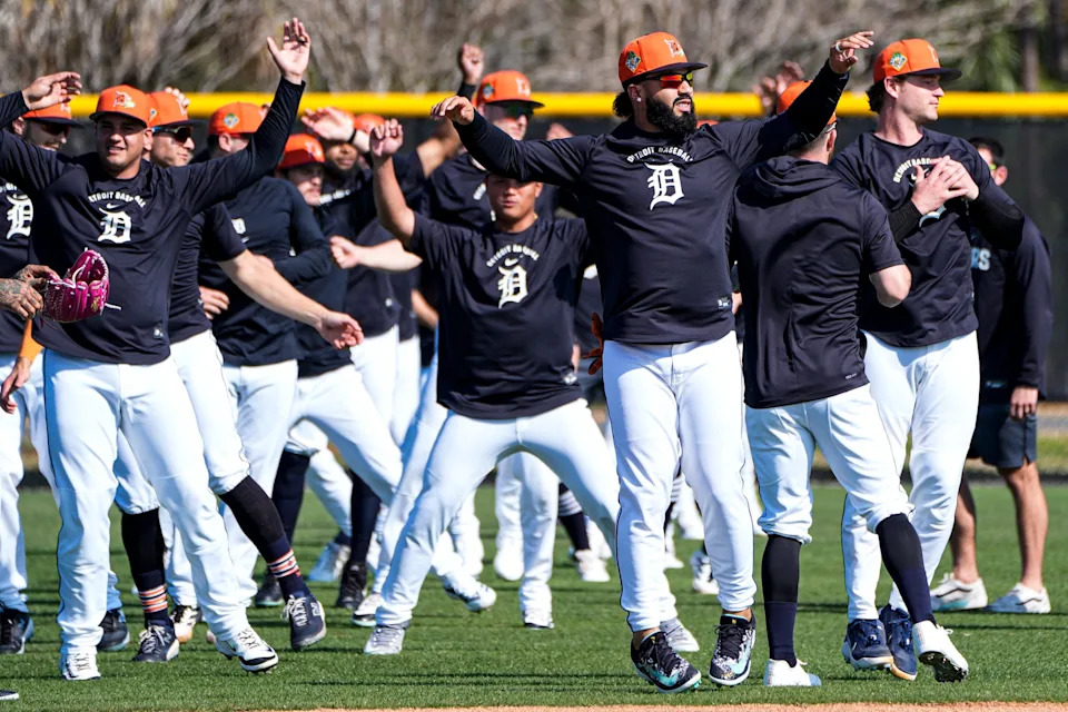 <p>Detroit Tigers second baseman Gleyber Torres practices during spring training at TigerTown.</p>