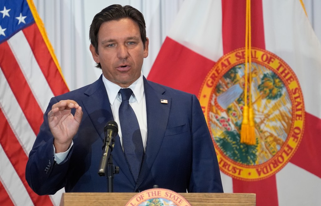 Florida Gov. Ron DeSantis speaking at a news conference.