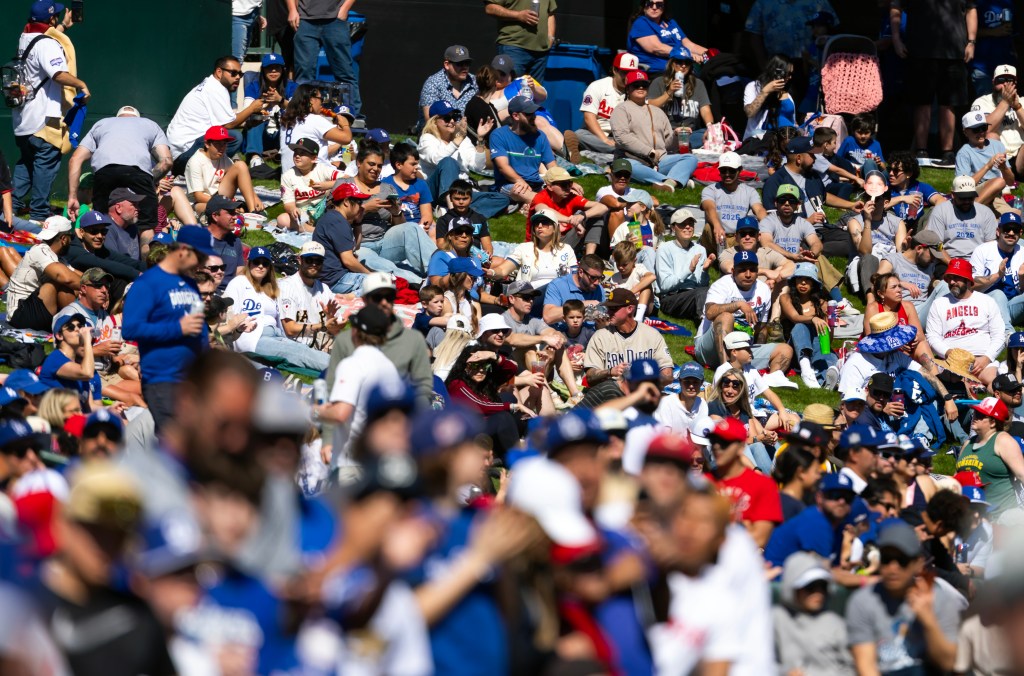 Fans in the crowd during a Los Angeles Dodgers spring training game against the Los Angeles Angels.