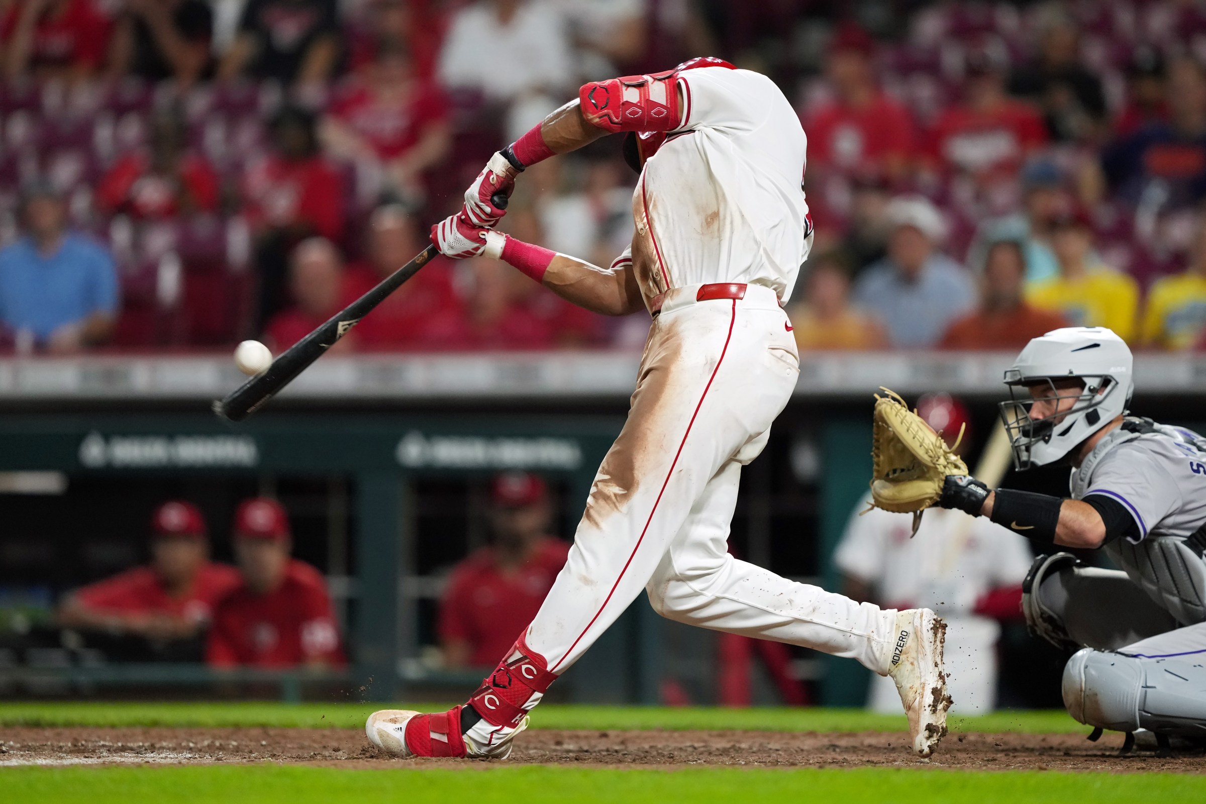 CINCINNATI, OHIO - JULY 09: Rece Hinds #77 of the Cincinnati Reds hits a 458-foot home run to left in the seventh inning against the Colorado Rockies at Great American Ball Park on July 09, 2024 in Cincinnati, Ohio. (Photo by Dylan Buell/Getty Images)