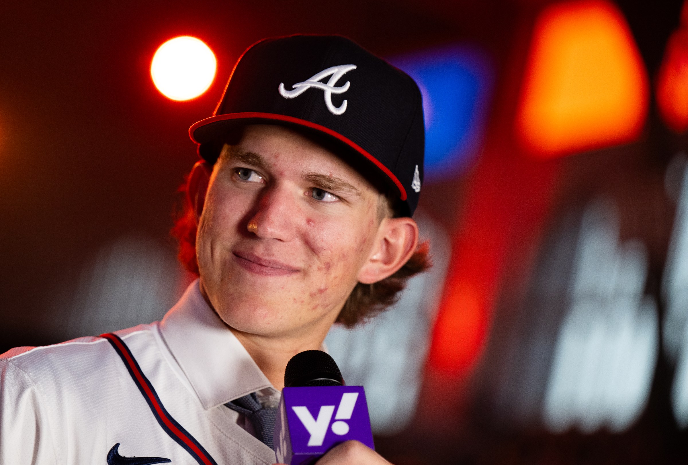 FORT WORTH, TX - JULY 14: Cam Caminiti talks to media after being drafted by the Atlanta Braves with the 24th pick of the first round during the 2024 MLB Draft presented by Nike at Cowtown Coliseum on Sunday, July 14, 2024 in Fort Worth, Texas. (Photo by Gene Wang/Getty Images)