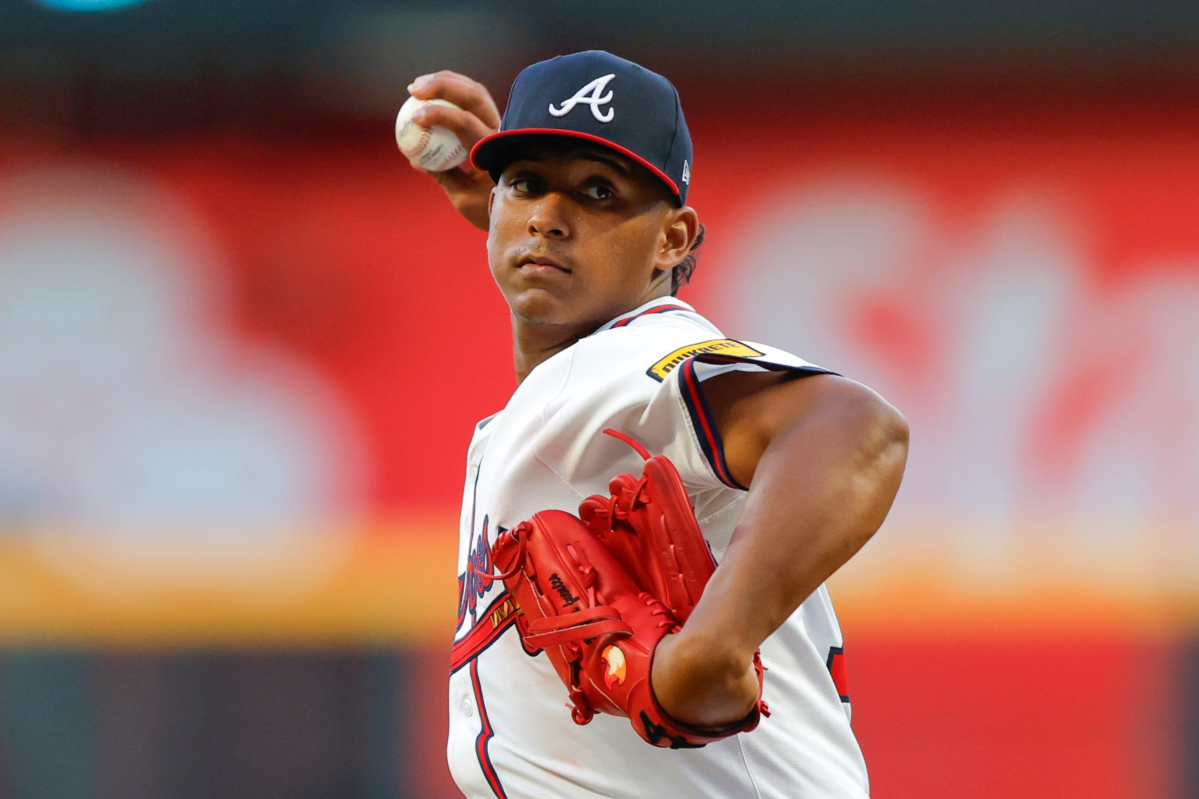 ATLANTA, GEORGIA - JULY 2: Didier Fuentes #75 of the Atlanta Braves throws a warm up pitch during the fourth inning against the Los Angeles Angels at Truist Park on July 2, 2025 in Atlanta, Georgia. (Photo by Todd Kirkland/Getty Images)