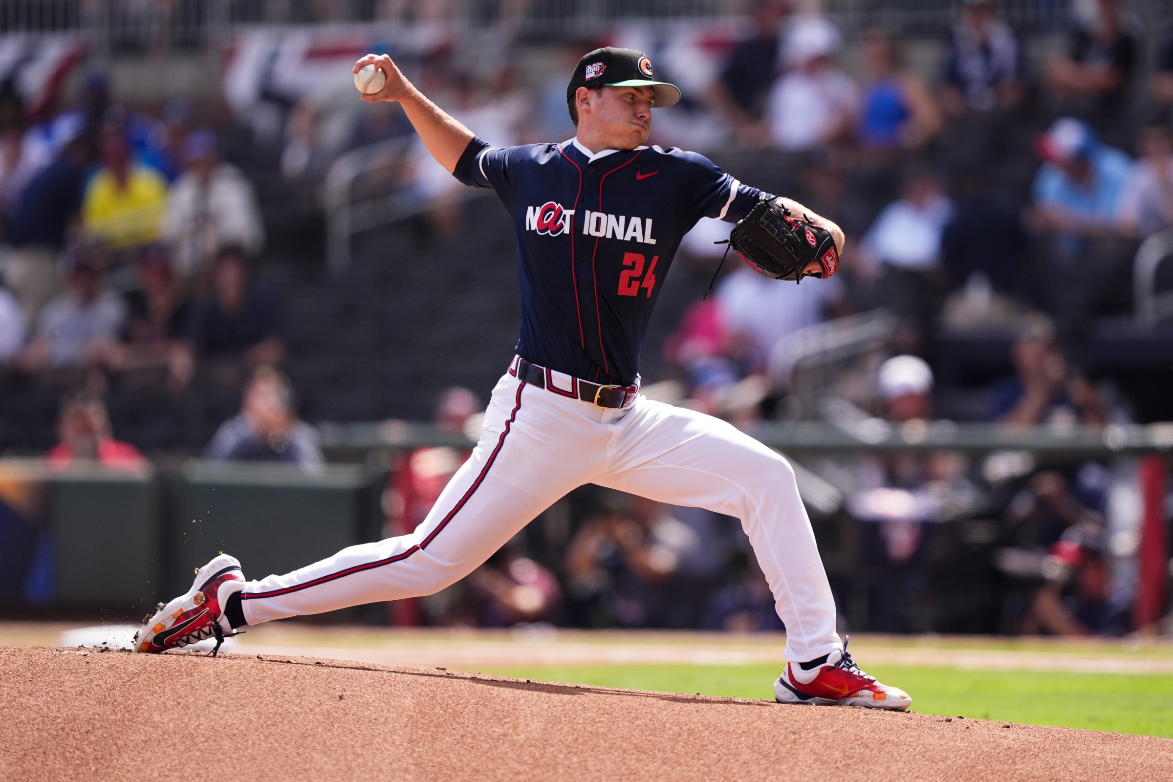ATLANTA, GEORGIA - JULY 12: JR Ritchie #60 of the Atlanta Braves pitches during the Futures Game at Truist Park on July 12, 2025 in Atlanta, Georgia. (Photo by Jasen Vinlove/Miami Marlins/Getty Images)