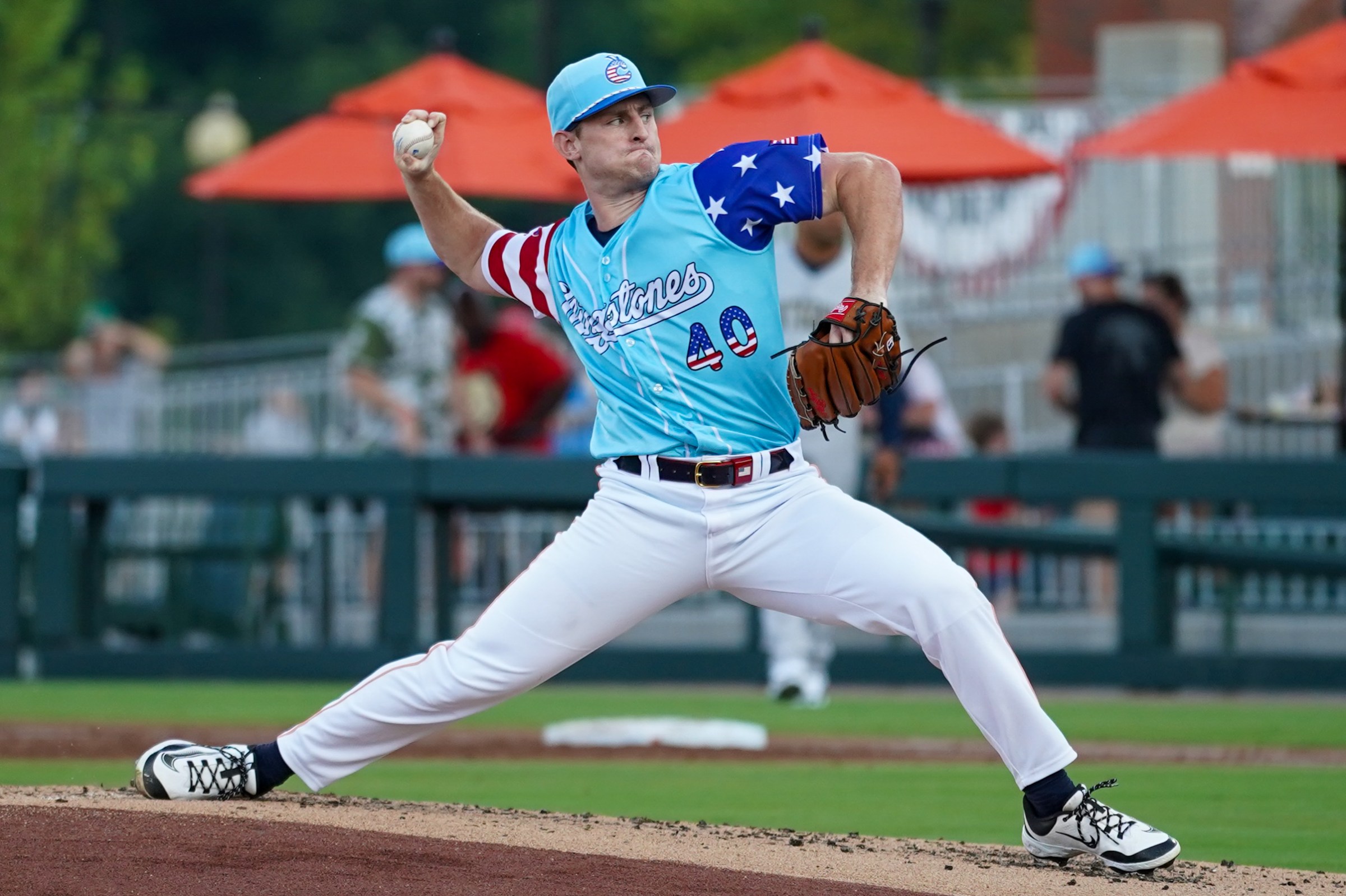 COLUMBUS, GA - JULY 04: Blake Burkhalter #40 of the Columbus Clingstones pitches during the game between the Montgomery Biscuits and the Columbus Clingstones at Synovus Park on Friday, July 4, 2025 in Columbus, Georgia. (Photo by Natalie Buchanan/Minor League Baseball via Getty Images)