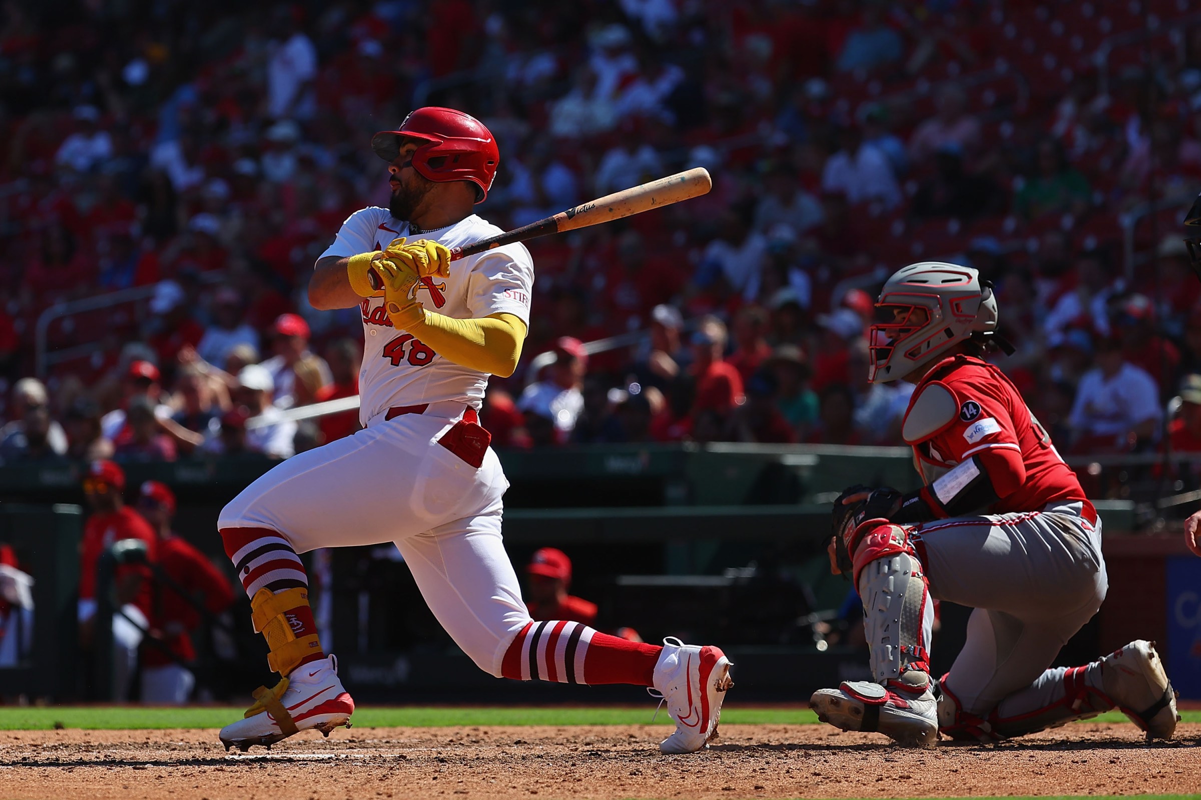 ST LOUIS, MISSOURI - SEPTEMBER 17: Iván Herrera #48 of the St. Louis Cardinals bats in a run on a fielding error by the Cincinnati Reds in the sixth inning at Busch Stadium on September 17, 2025 in St Louis, Missouri. (Photo by Dilip Vishwanat/Getty Images)