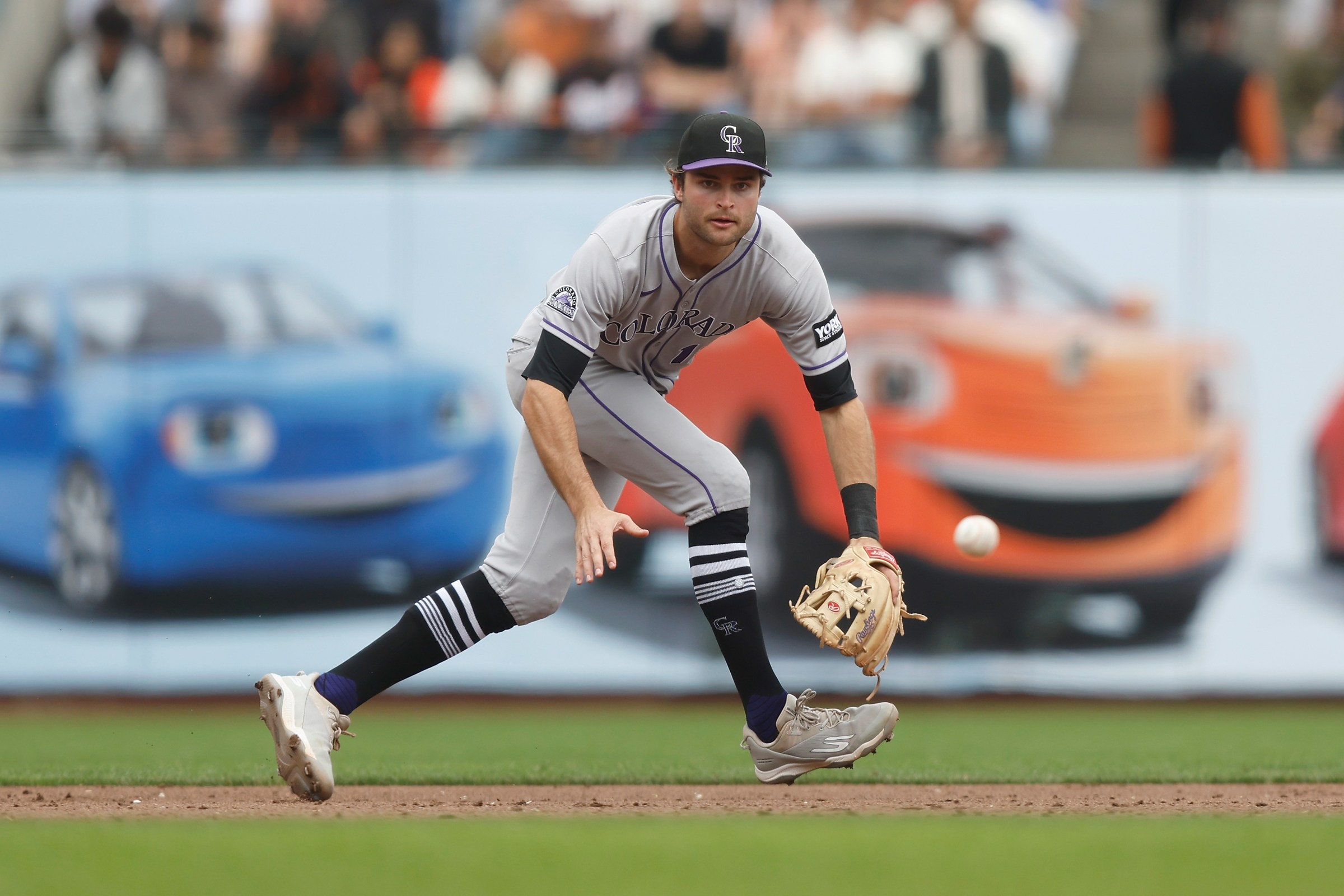SAN FRANCISCO, CALIFORNIA - SEPTEMBER 28: Kyle Karros #12 of the Colorado Rockies fields the ball against the San Francisco Giants at Oracle Park on September 28, 2025 in San Francisco, California. (Photo by Lachlan Cunningham/Getty Images)