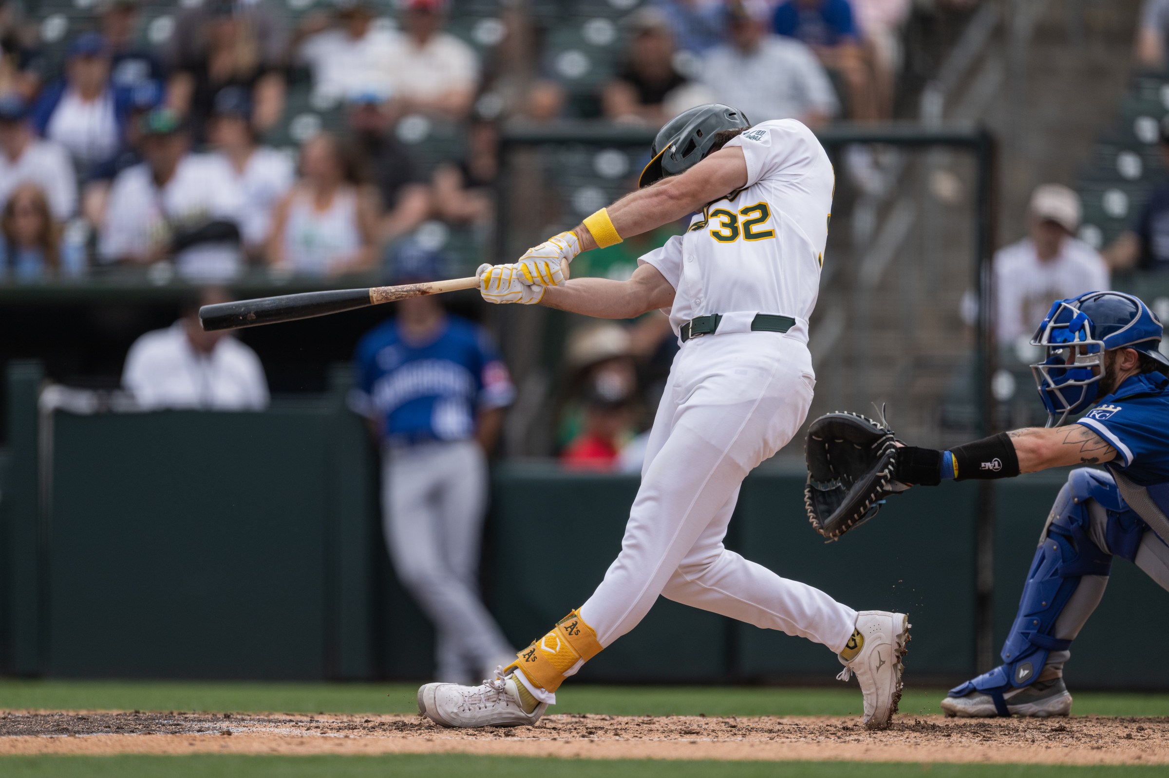 SACRAMENTO, CALIFORNIA - SEPTEMBER 28: Colby Thomas #32 of the Athletics hits a double in the bottom of the eighth inning against the Kansas City Royals at Sutter Health Park on September 28, 2025 in Sacramento, California. (Photo by Justine Willard/Athletics/Getty Images)