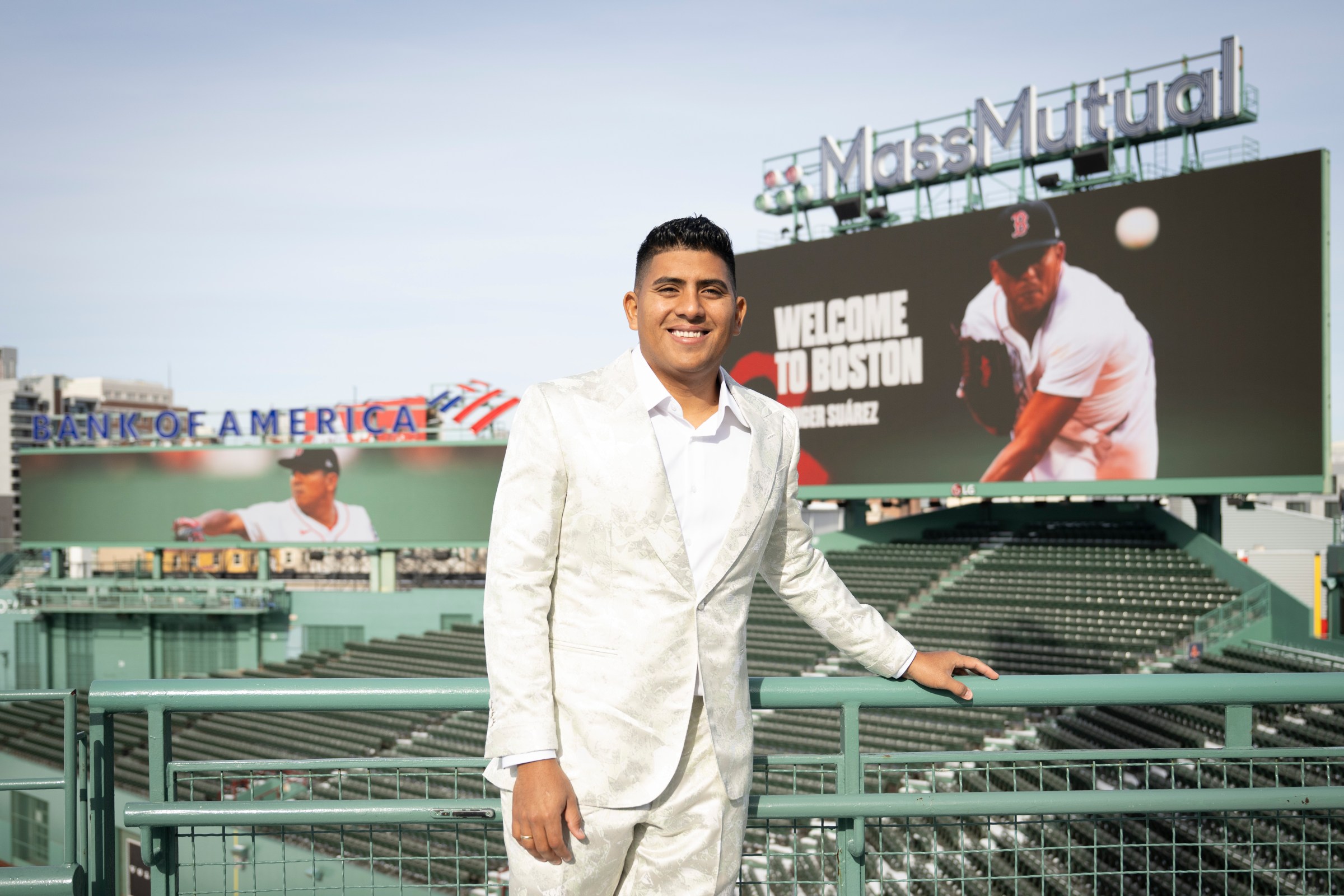BOSTON, MASSACHUSETTS - JANUARY 21: Ranger Suárez #55 of the Boston Red Sox poses for a photo before a press conference announcing his contract agreement with the Boston Red Sox on January 21, 2026 at Fenway Park in Boston, Massachusetts. (Photo by Maddie Malhotra/Boston Red Sox/Getty Images)
