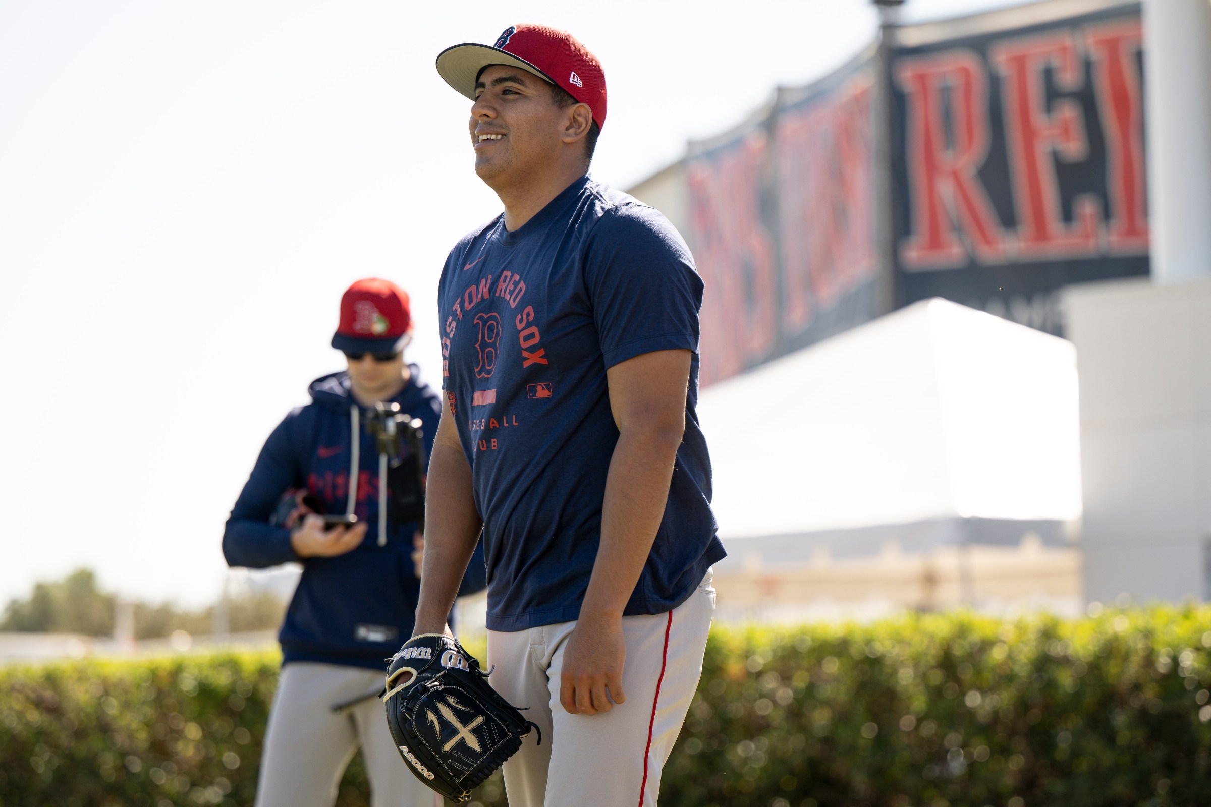 FORT MYERS, FLORIDA - FEBRUARY 9: Ranger Suárez #55 of the Boston Red Sox reacts as he throws during a Spring Training workout at JetBlue Park at Fenway South on February 9, 2026 in Fort Myers, Florida. (Photo by Maddie Malhotra/Boston Red Sox/Getty Images)