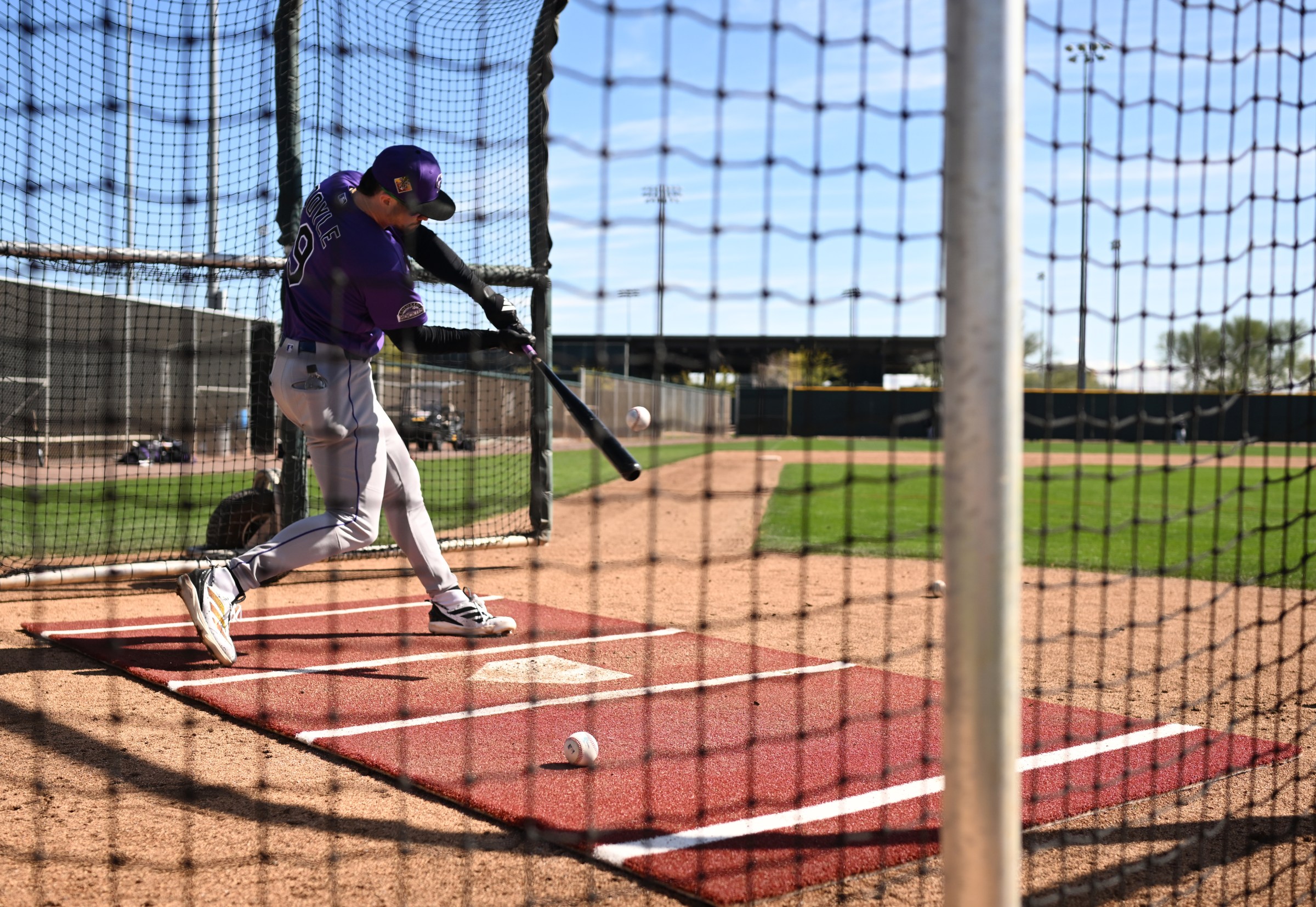 SCOTTSDALE, AZ - FEBRUARY 19: Outfielder, Brenton Doyle hits batting practice during spring training for the Colorado Rockies at Salt River Field at Talking Stick in Scottsdale, Arizona on February 19, 2026. (Photo by RJ Sangosti/MediaNews Group/The Denver Post via Getty Images)