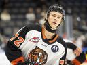 Medicine Hat Tigers' Gavin McKenna (72) warms up before a Memorial Cup hockey game in Rimouski, Que., on Friday, May 23, 2025.