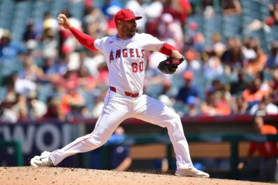 Los Angeles Angels pitcher Hunter Strickland (60) throws against the Houston Astros during the sixth inning at Angel Stadium on Jun 22, 2025.