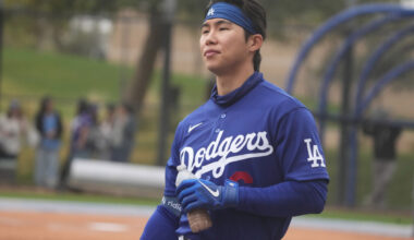 Feb 13, 2026; Glendale, AZ, USA; Los Angeles Dodgers second baseman Hyeseong Kim (6) gets ready to hit during spring training camp. Mandatory Credit: Rick Scuteri-Imagn Images