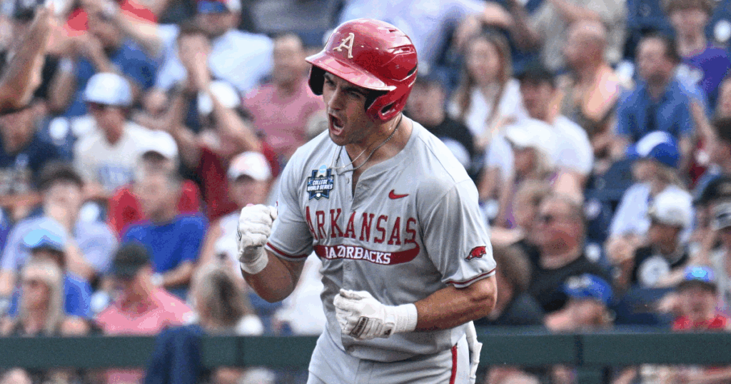Ryder Helfrick circling the bases after smashing a home run against LSU in the 2025 College World Series