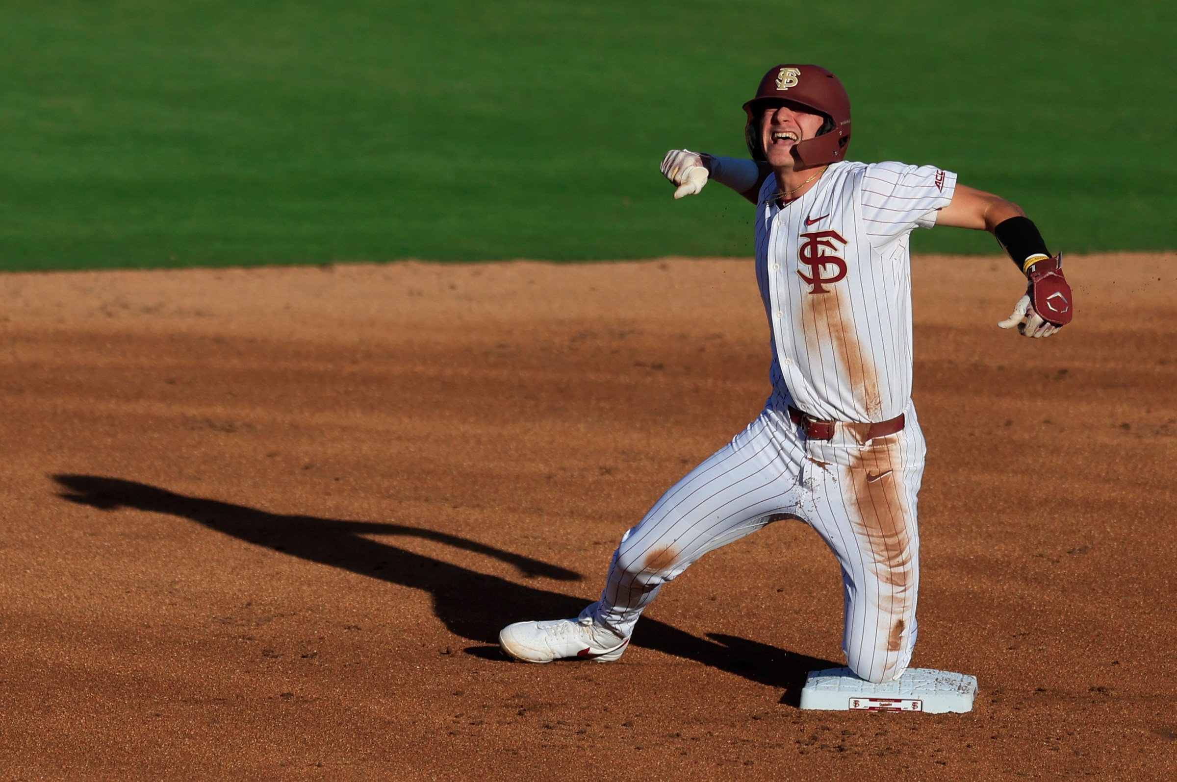 Florida St. infielder Alex Lodise (1) reacts to his double at second base during the first inning of an NCAA college baseball matchup Tuesday, March 25, 2025 at VyStar Ballpark in Jacksonville, Fla. FSU rallied to defeat UF 8-4 off a walk-off grand slam from Alex Lodise in the ninth inning.