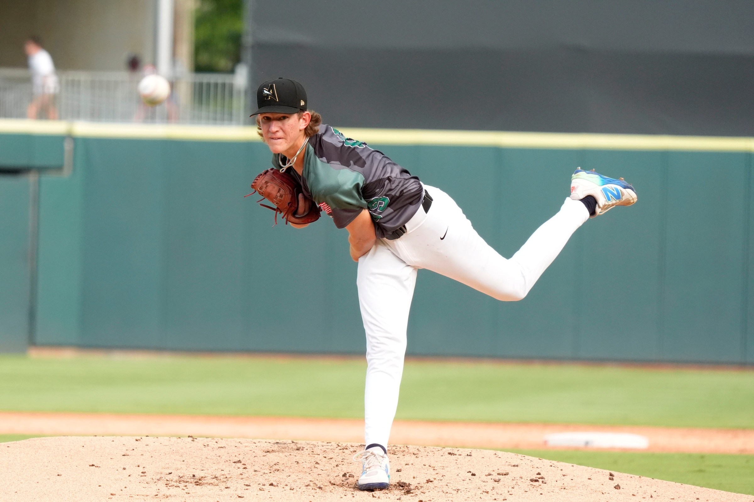 July 12, 2025; North Augusta, South Carolina, USA; GreenJacket pitcher Cam Caminiti (59) pitches during the 19th annual Military Appreciation game at SRP Park. The Augusta GreenJackets faced off against the Salem Red Sox. Salem won 9-2. Mandatory Credit: Katie Goodale - Augusta Chronicle/USA TODAY NETWORK