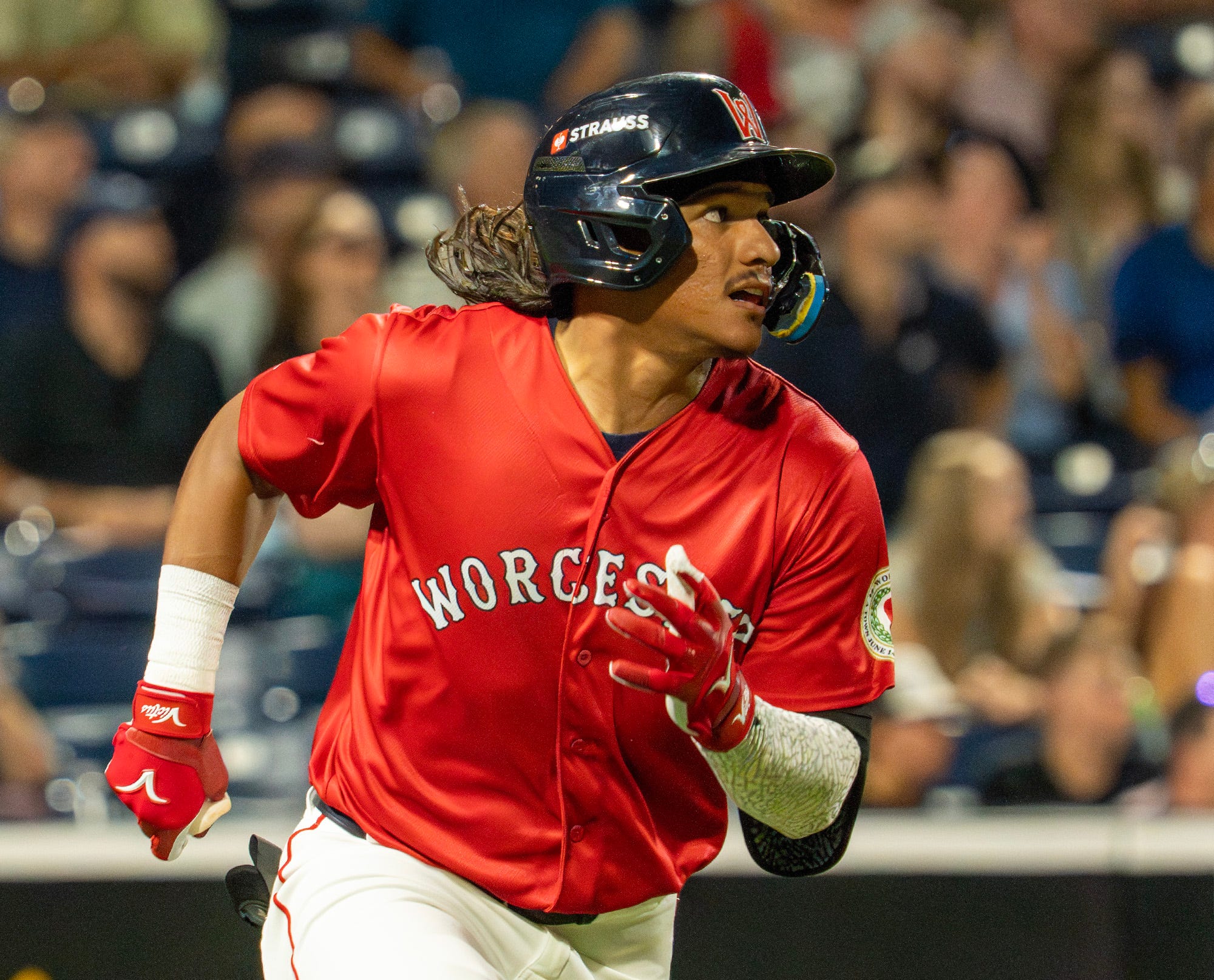 Worcester center fielder Jhostynxon Garcia hits a three-run double in the sixth inning against Lehigh Valley at Polar Park July 29.
