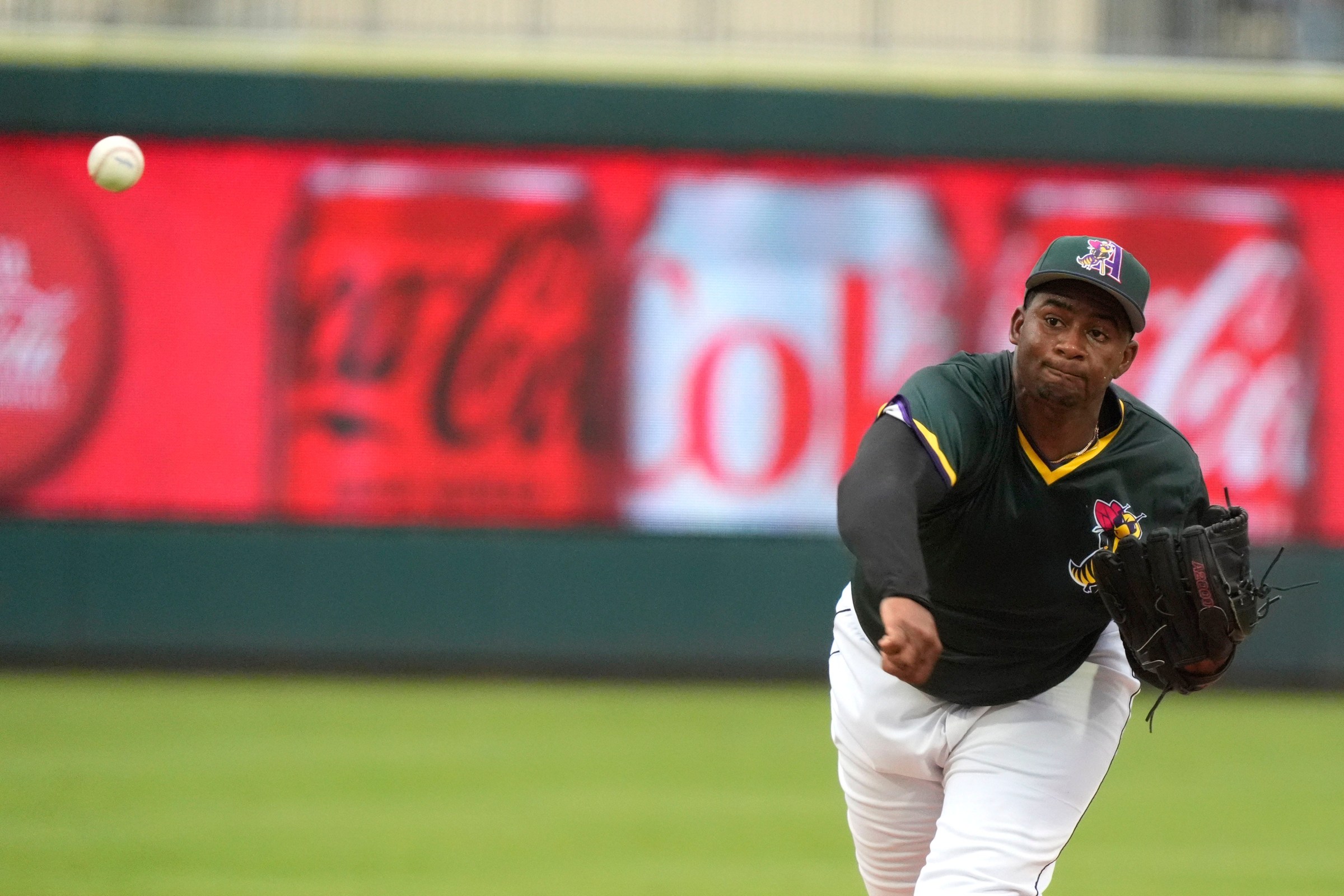 Aug 2, 2025; North Augusta, South Carolina, USA; GreenJacket pitcher Rayven Antonio (28) pitches during the Augusta GreenJackets and Carolina Mudcats game at SRP Park. The GreenJackets won the fifth game of the series 5-3. Mandatory Credit: Katie Goodale - Augusta Chronicle/USA TODAY NETWORK