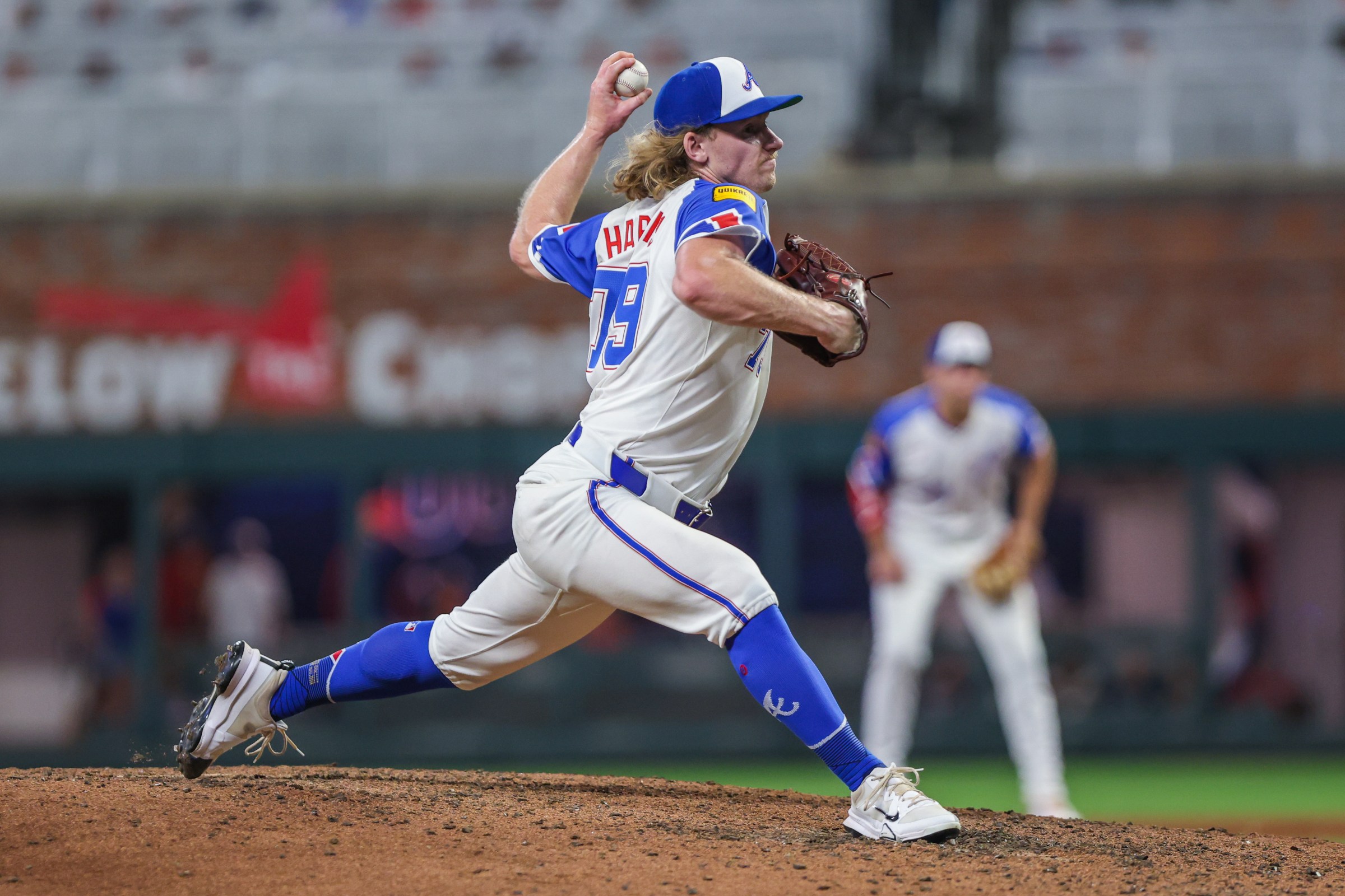 Sep 6, 2025; Cumberland, Georgia, USA; Atlanta Braves pitcher Hayden Harris (79) pitches the ball against the Seattle Mariners during the seventh inning at Truist Park. Mandatory Credit: Jordan Godfree-Imagn Images