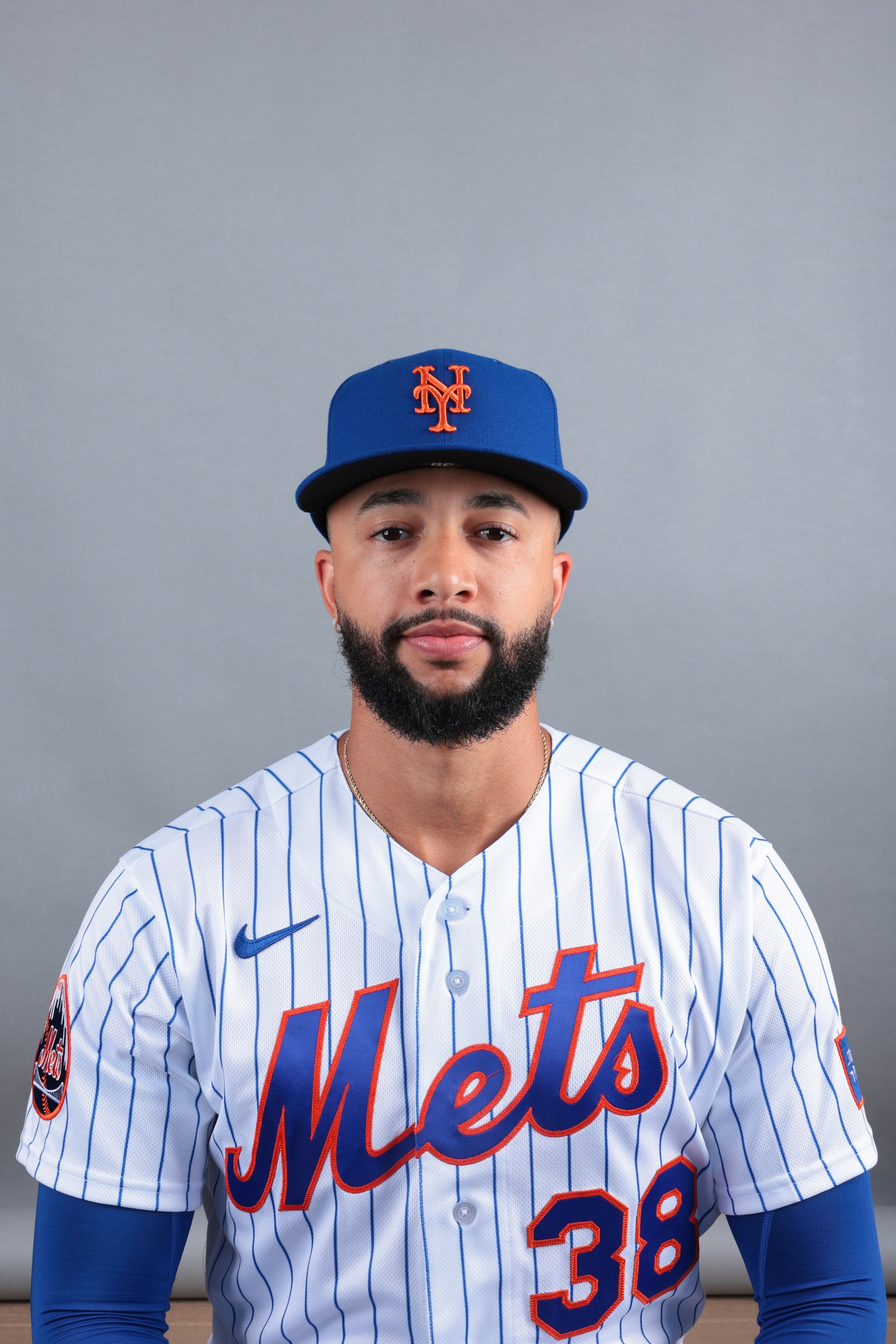 Feb 19, 2026; Port St. Lucie, FL, USA; New York Mets pitcher Devin Williams (38) poses for a photo during media day at Clover Park. Mandatory Credit: Sam Navarro-Imagn Images