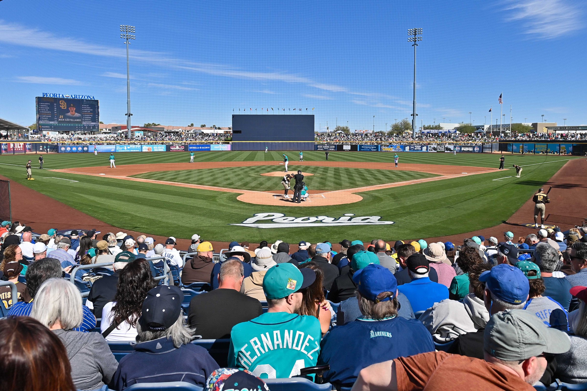 Feb 20, 2026; Peoria, Arizona, USA; General view of a game between the Seattle Mariners and the San Diego Padres during a Spring Training game at Peoria Sports Complex. Mandatory Credit: Matt Kartozian-Imagn Images