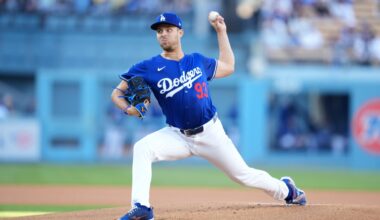 Mar 23, 2025; Los Angeles, California, USA; Los Angeles Dodgers pitcher Jackson Ferris (93) throws in the first inning against the Los Angeles Angels at Dodger Stadium. Mandatory Credit: Kirby Lee-Imagn Images