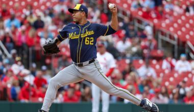 Milwaukee Brewers starting pitcher Jose Quintana throws during the first inning of a baseball game against the St. Louis Cardinals, Sunday, April 27, 2025, in St. Louis.