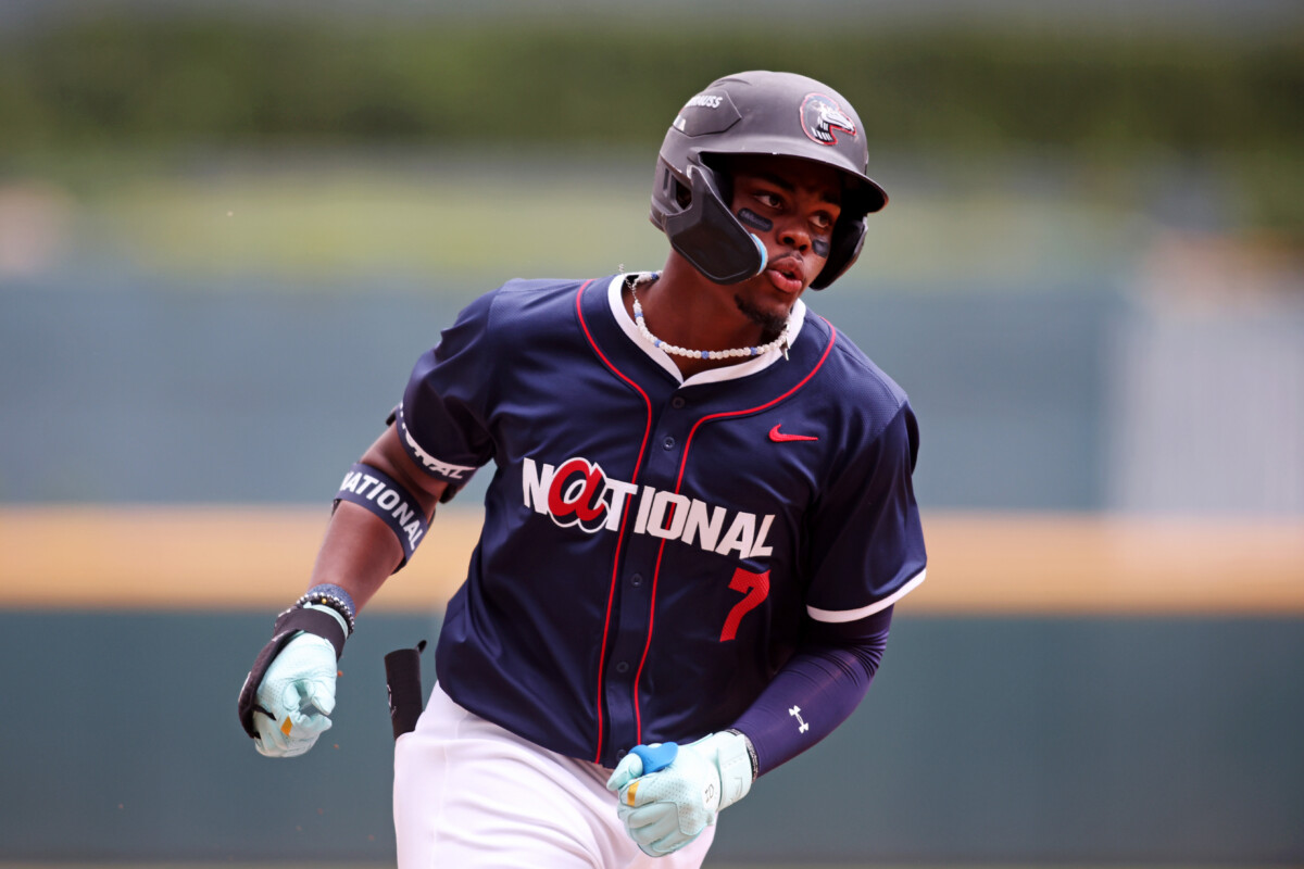 Outfielder Josue De Paula of the Los Angeles Dodgers scores a run during the sixth inning against American League at Truist Park on July 12, 2025 in Atlanta, Georgia. Potential (Brett Davis-Imagn Images)