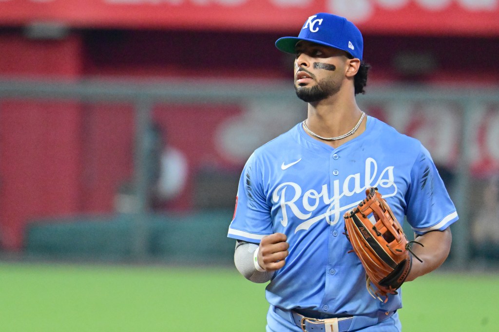 Kansas City Royals left fielder MJ Melendez in uniform with a glove on the field.
