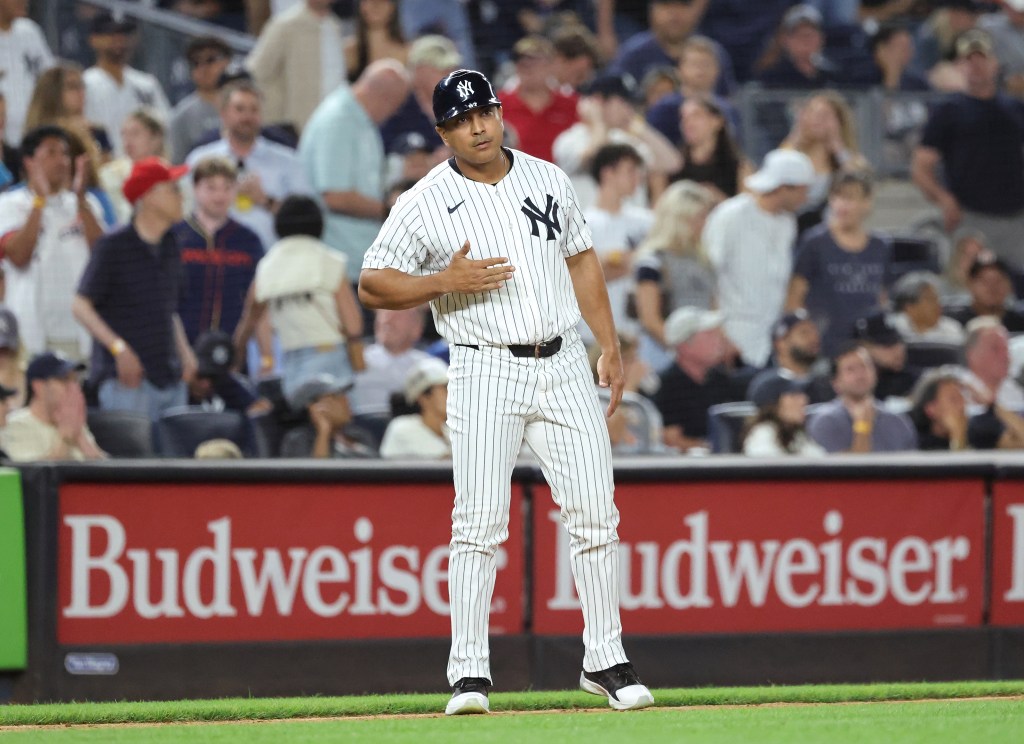 Luis Rojas of the New York Yankees reacts after Aaron Judge hits an RBI single.
