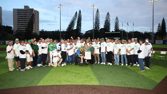 Supporters surrounding Murakami on the baseball field