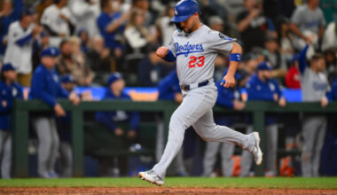 Sep 27, 2025; Seattle, Washington, USA; Los Angeles Dodgers left fielder Michael Conforto (23) scores a run against the Seattle Mariners during the ninth inning at T-Mobile Park. Mandatory Credit: Steven Bisig-Imagn Images