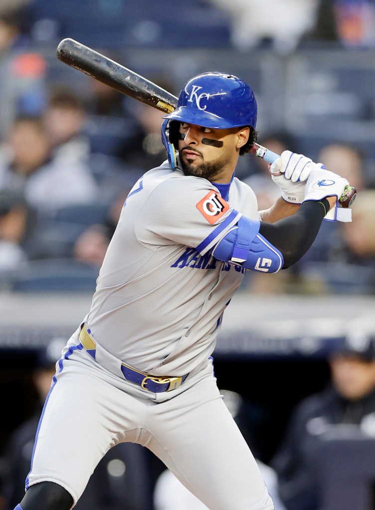 MJ Melendez in a Kansas City Royals uniform at bat.