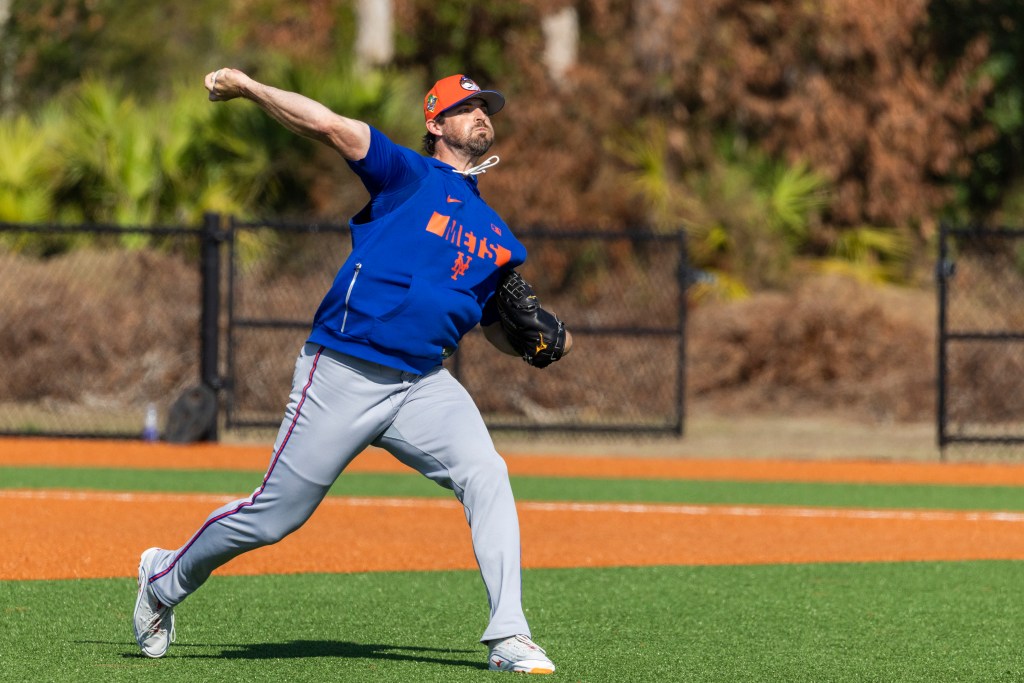New York Mets pitcher Clay Holmes throwing during Spring Training.