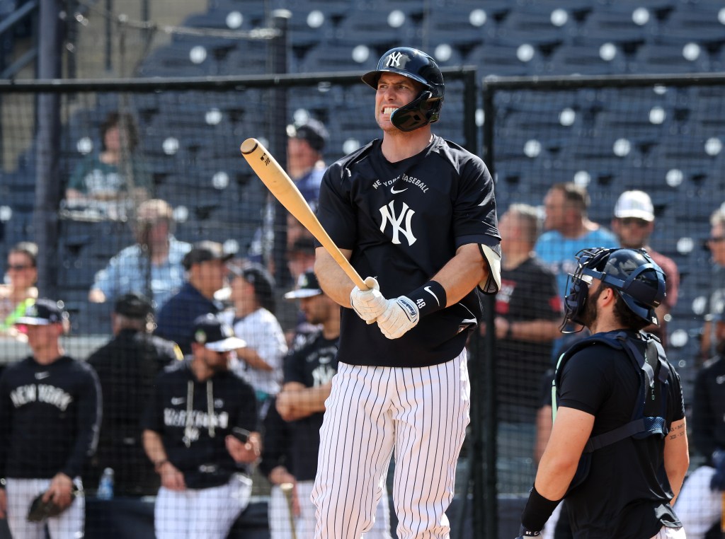 Paul Goldschmidt of the New York Yankees reacts while hitting live batting practice at Steinbrenner Field.